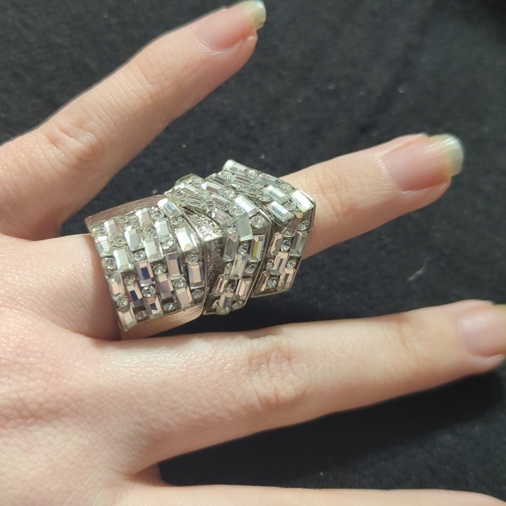 Silver Tone Round and Rectangle Clear Rhinestone Hinged Knuckle Statement Ring